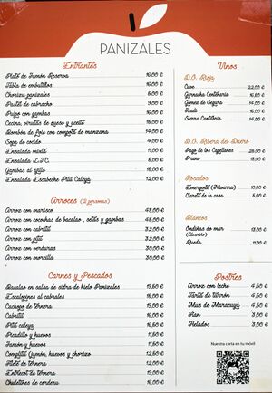 Panizales menu